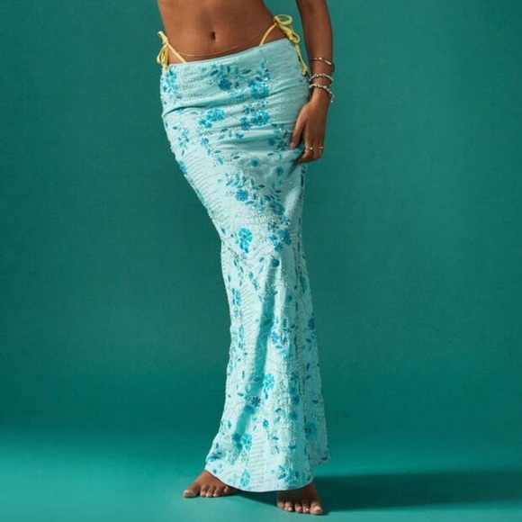 Beaded Blue Sequin Floral Maxi Skirt - Picture 1 of 3